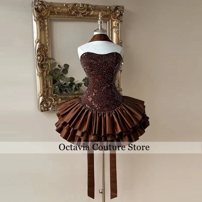 

Brown Sparkly Sequin Corset Homecoming Dress Two Tier Ruffle Satin Mini Party Gown with Long Sash Vintage Strapless Prom Dress