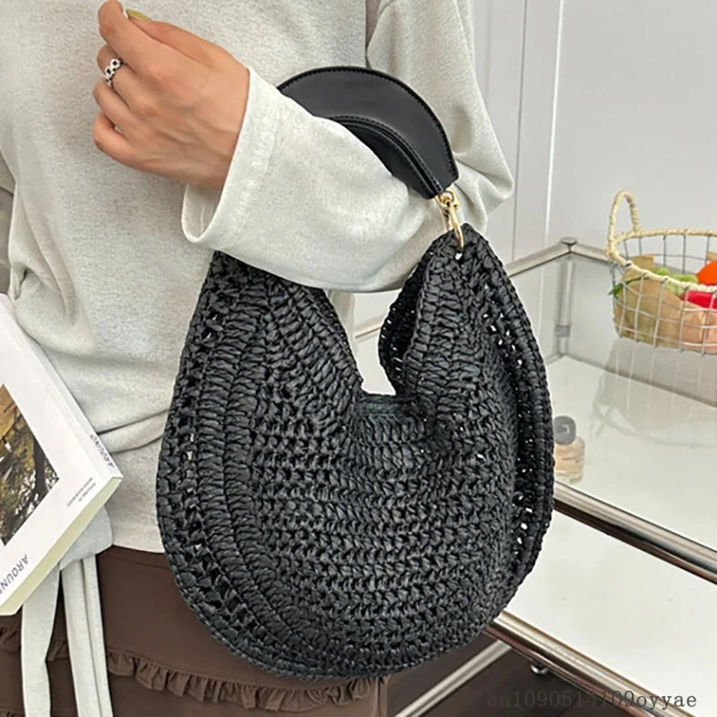 Seaside Vacation Style Woven Bag New Women's Bag Bohemian Half Moon Straw Bag Fashion Beach Handbag Large Capacity Travel Tote - view 5