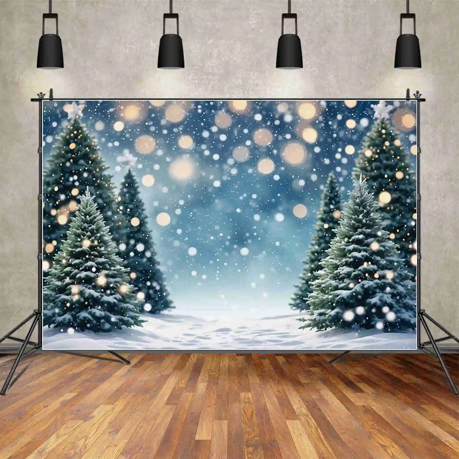 Moon. qg Winter Kiefer Hintergrund Weihnachten Schnee im Freien Feld Kinder Kulissen benutzer definierte Party Dekorationen Fotoshooting Requisiten