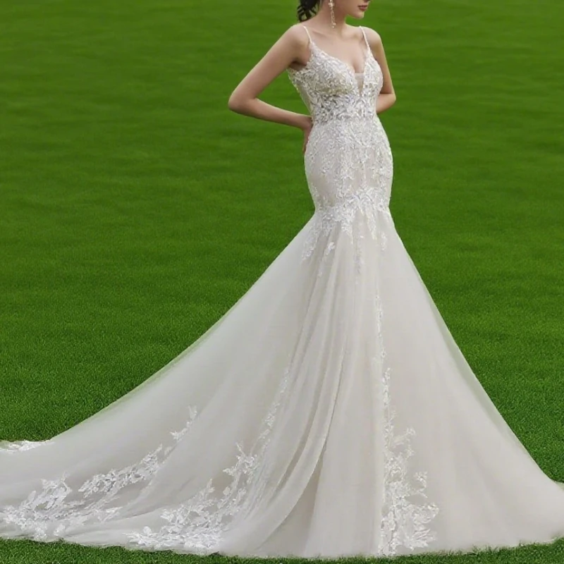 

Sexy Backless Trumpet Lace Wedding Dresses For Women Bride V Neck Sleeveless Summer Mermaid Bridal Gown Customized