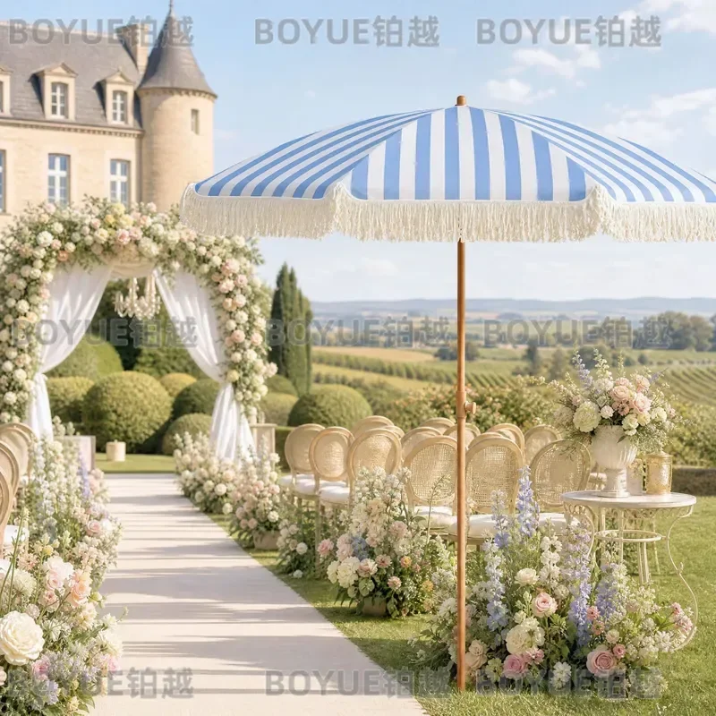 Custom Printed Fringed Beach Umbrella Outdoor Polyester Sunshade Garden Patio Parasol with Tassels for Summer Shade
