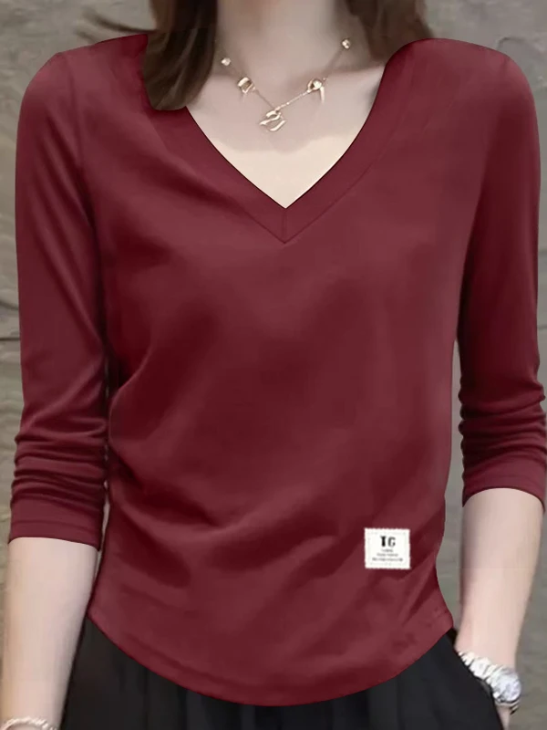 2025년 신상 여성용 면 긴팔 티셔츠 V넥 허리 조임 패셔너블 다용도 슬림 베이스 레이어 탑 한국 스타일