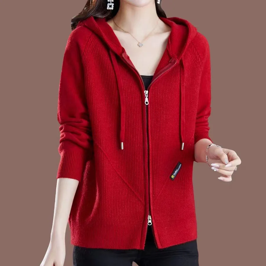 Women\'s Solid Color Sweater 2024 Spring Knitted Cardigan Korean Fashion Hooded Top Loose Casual Zipper Knitwears Coat