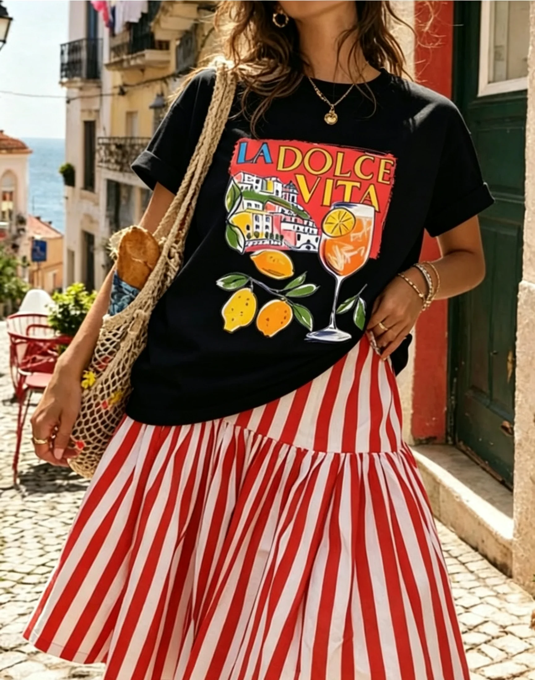 La Dolce Vita Print Women's T-shirt Lemon Cocktail Crew Neck Top Apparel Summer Mediterranean Island Resort Wear Women Clothing