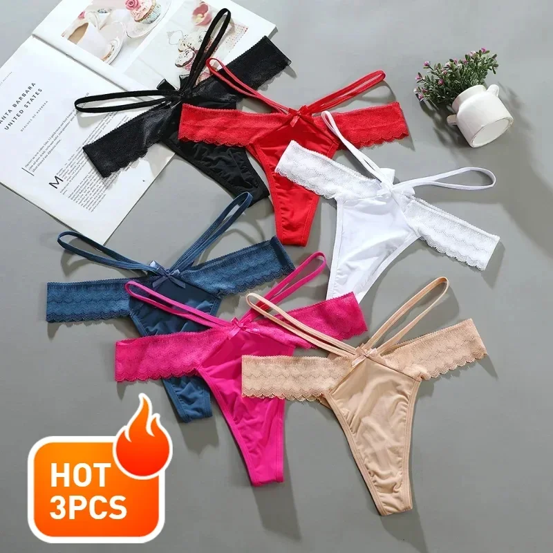 

3PC Sexy G-string Thin Straps Panties Ice Silk Cotton Base Bikini Invisible Thongs Butterfly Splicing Lace Underpants Wholesale