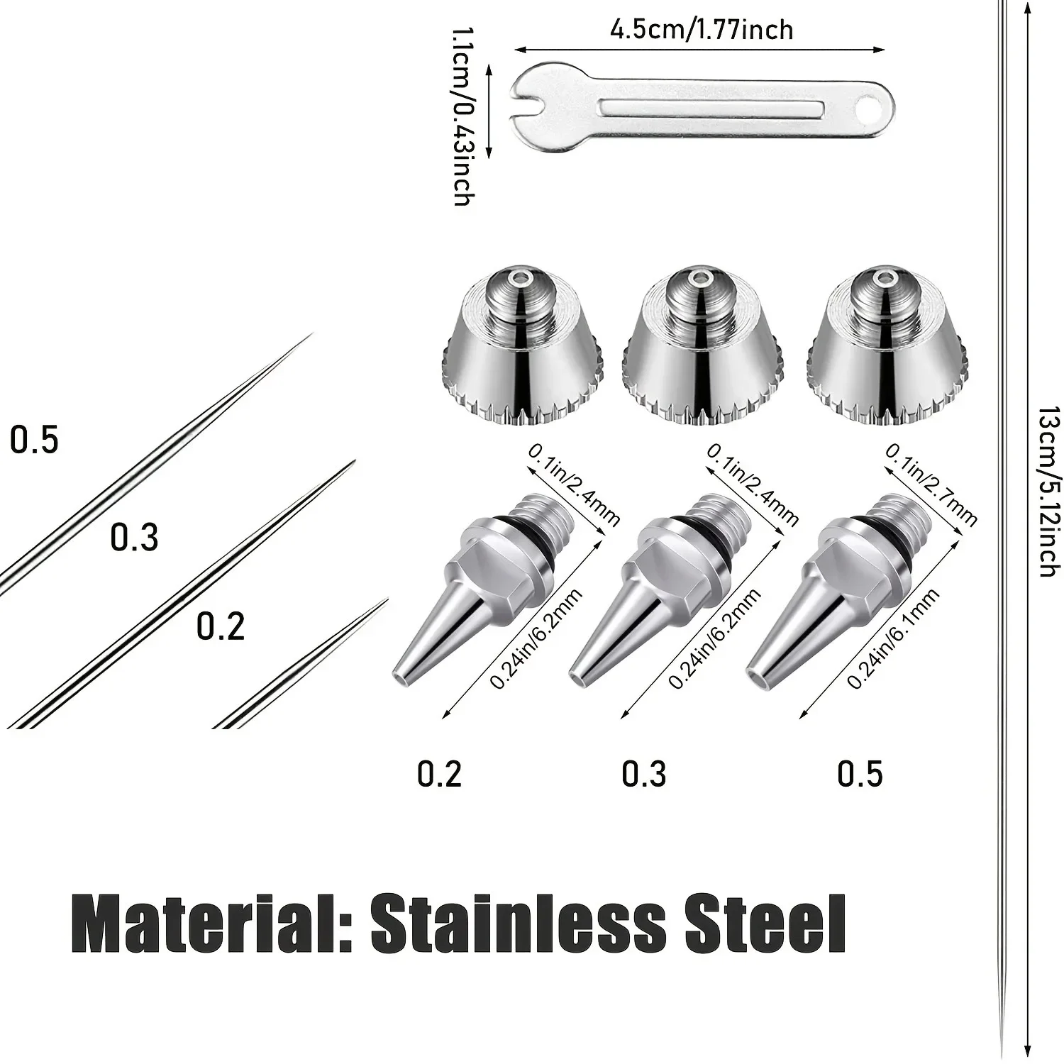 10-teiliges Airbrush-Düsen- und Nadelkappen-Set mit Schraubenschlüssel, Ersatzteile für Spritzpistolen, 0,2 mm, 0,3 mm, 0,5 mm – Detail 5