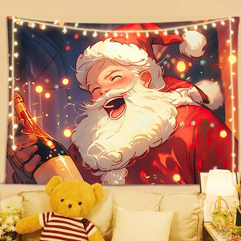 VIKAMA Wall Tapestry Santa Claus Champagne Celebration Christmas Wall Hanging Dorm Room Aesthetic Xmas Wall Art Festive Cute