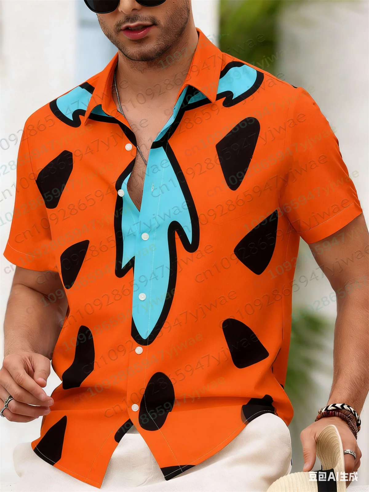 Camisa con Estampado Geométrico de Los Flintstones, Camisas Hawaianas a la Moda, Camisa con Botones, Ropa de Calle de Verano, Camiseta para Hombre