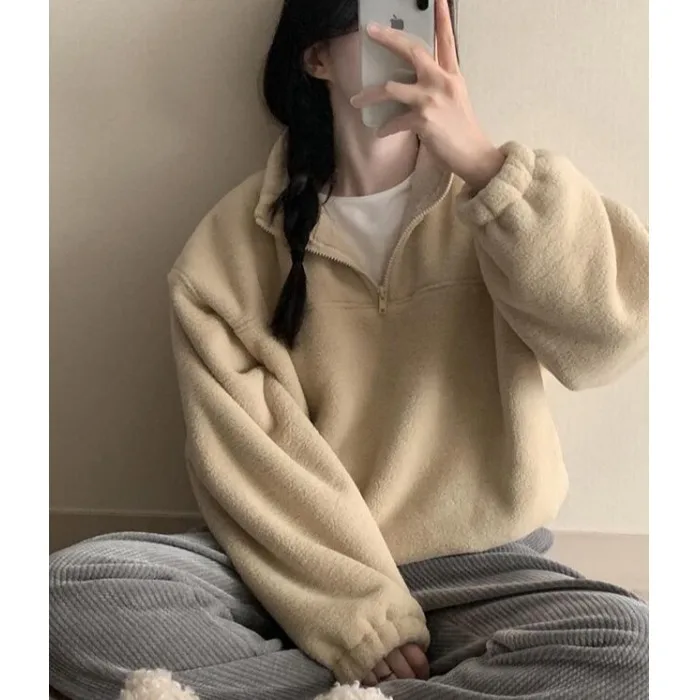 เสื้อฮู้ดดี้โอเวอร์ไซส์สุดชิคสำหรับผู้หญิง สไตล์ลำลอง ใส่ได้ทั้งฤดูใบไม้ร่วงและฤดูหนาว สีพื้นเรียบๆ ซิปหน้า คอเล็ก ทรงสวมใส่สบาย