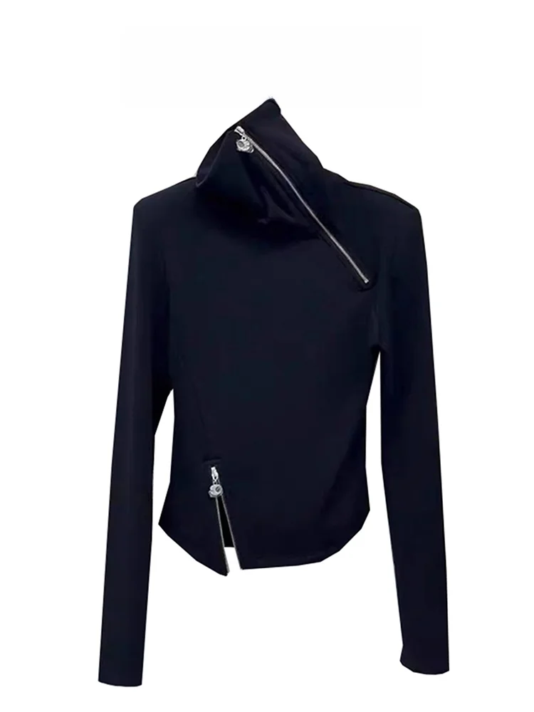 Zipper Short Sleeve Long Neck T-Shirt Women's Winter 2023 Slim Fit Base Layer Shirt Korean Style Commute Pure Color Straight ...