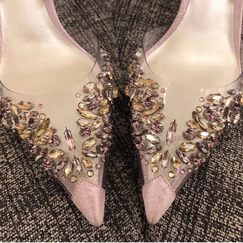 Sandales à talons hauts en cristal rose pour femmes, décoration injPVC, châssis aiguille, chaussures à la mode avec sangle de rinçage, Parker pointu