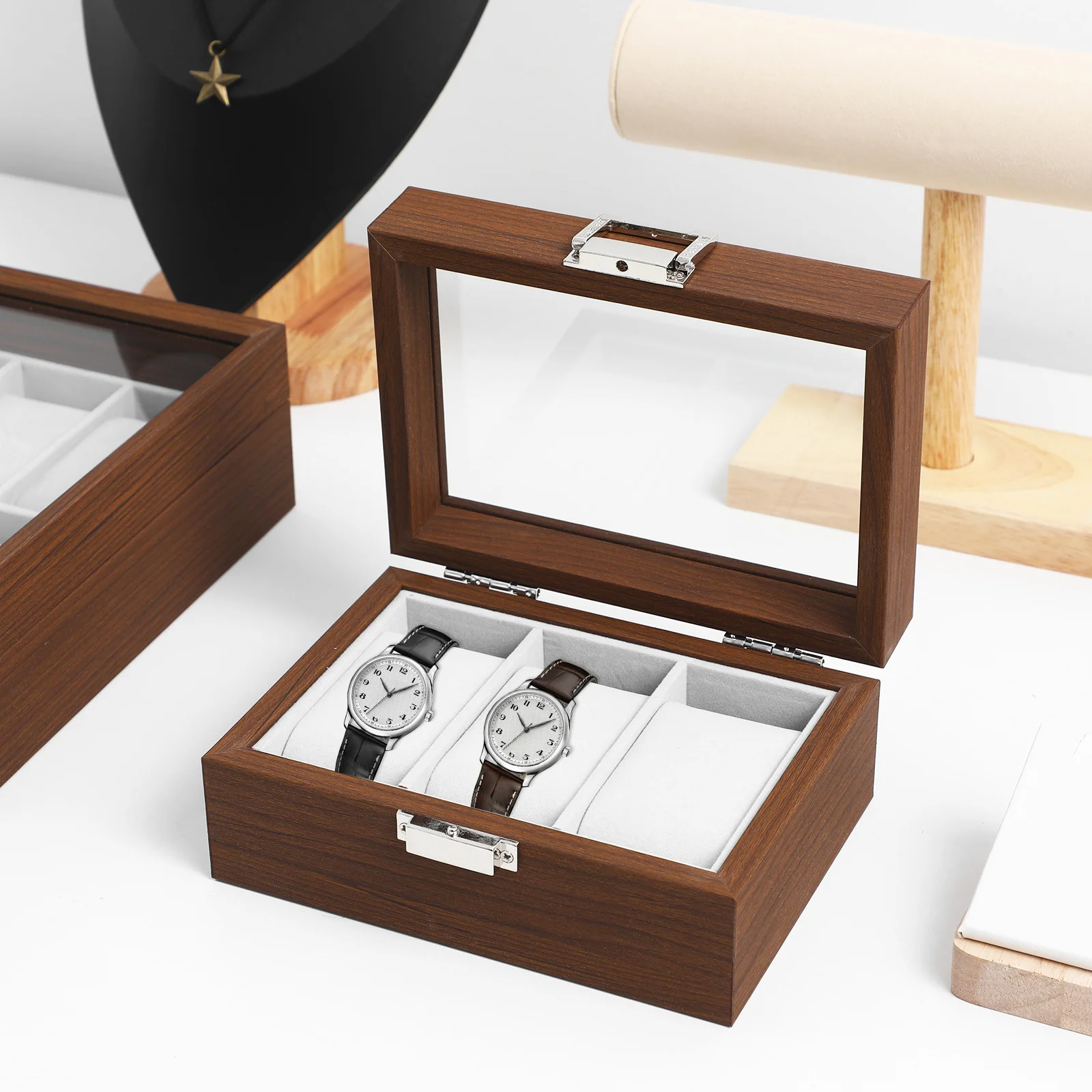 

3 Slot For Men Wooden Case Display Watch Jewelry Box For Men Holder Organizer With Lining Decorative Watch Storage Box