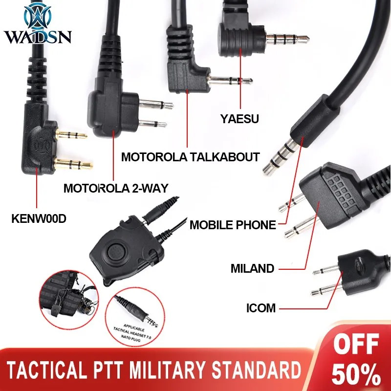 

Wadsn Tactical PTT Push-Talk Button Military Headset Comtact Headphone with Motorola Kenwood Icom Midland Plug For Baofeng Radio