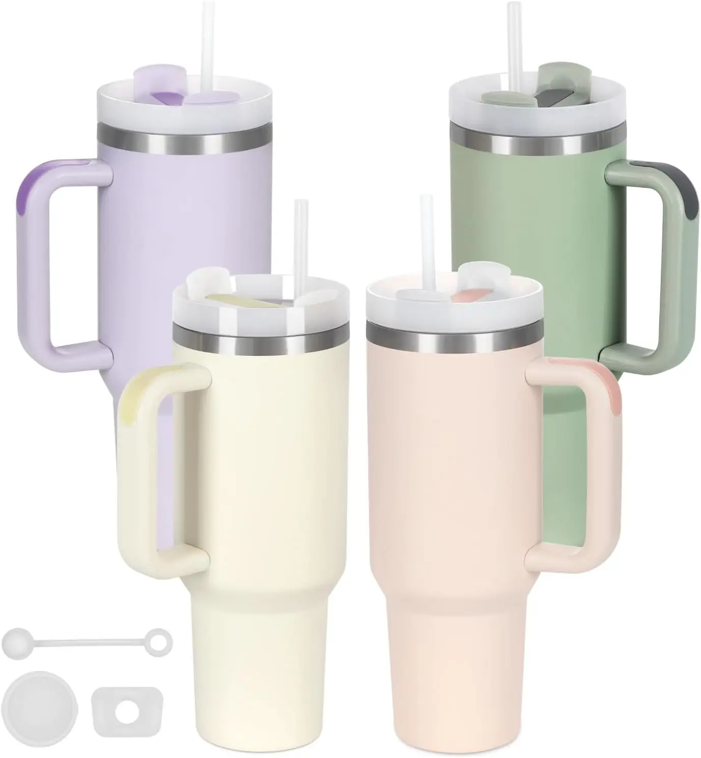

4-Pack 40 Oz Insulated Tumblers with Handle, Lid, Straw & Spill-Proof Stopper in Cream, Purple, Green, Rose Quartz