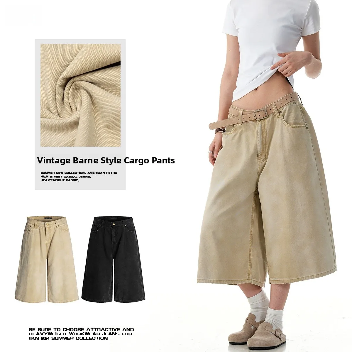 

American Sle Khaki Denim Seven-Foot Pants Men Women Waed Vintage Wide Leg Trendy Straight Loose Casual orts
