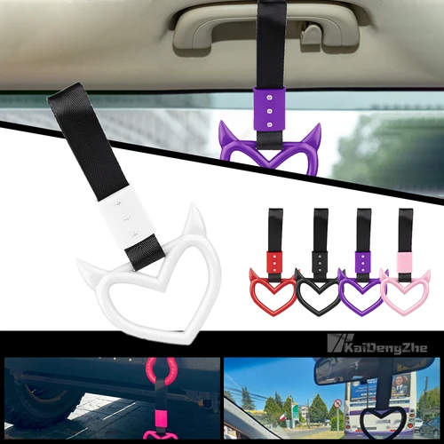 Imagen 1 del producto Anillo de correa de mano de carreras Tsurikawa con corazón del diablo modificado JDM, anillo de advertencia automático, correa de mango Universal para tren de autobús, anillo Tsurikawa