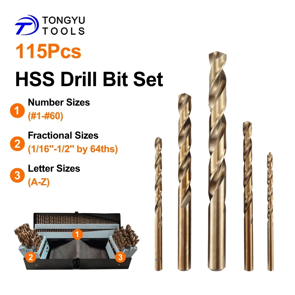 115Pcs HSS Drill Bit Set 4341 High Speed Steel Jobber Twist Drill Bits Fractional Number Letter Sizes for Metal Steel Aluminum