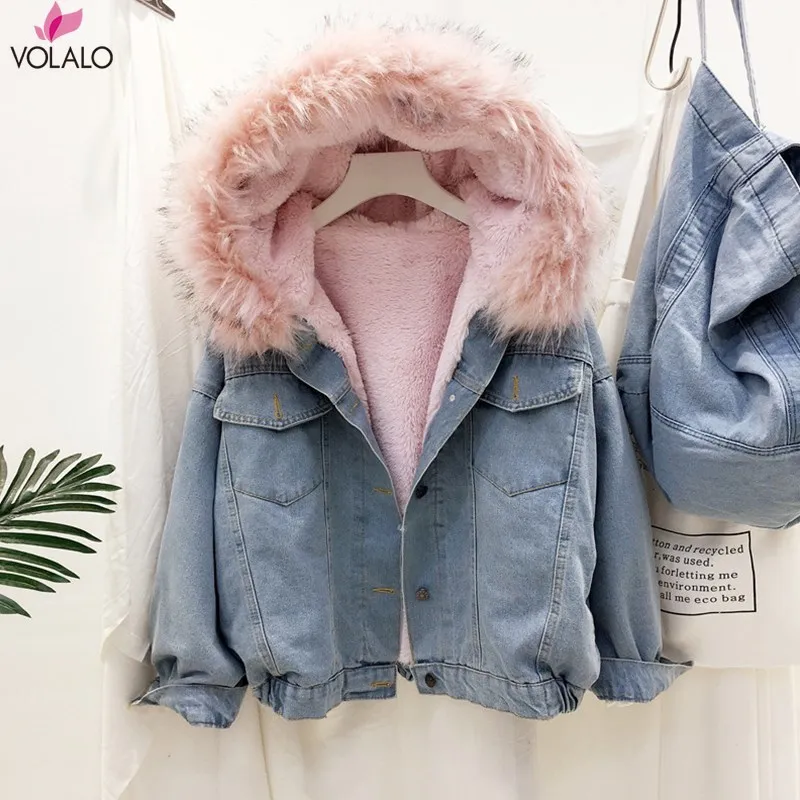 

VOLALO 2024 Velvet Thick Denim Jacket Female Winter Big Faux Fur Collar Korea Denim Coat Female Student Short Coat