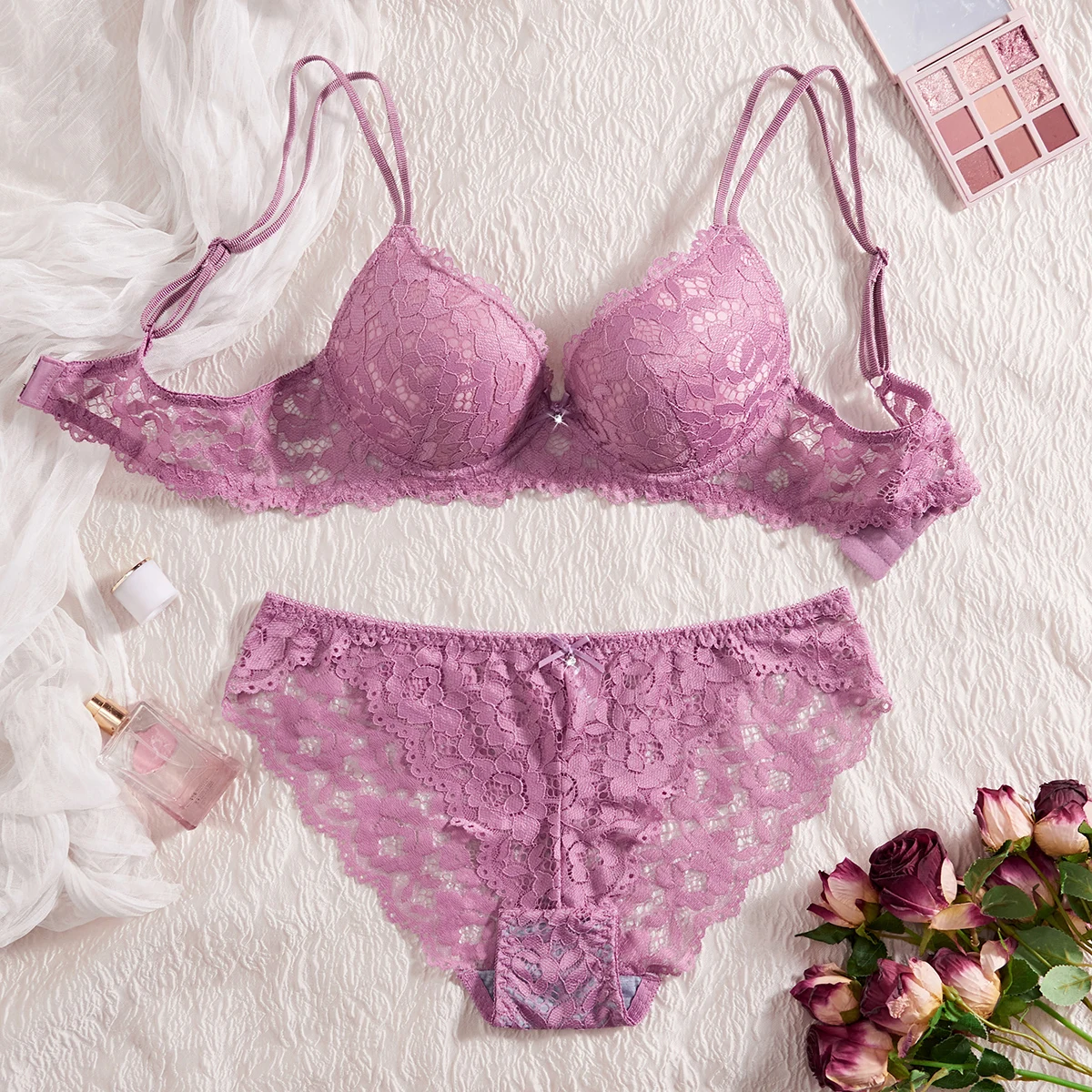 Conjunto de 6 piezas de sujetador y bragas para mujer, conjunto sexy con encaje estampado y patchwork, sin forro, ajuste cómodo, sujetador push-up para mujer, conjunto de ropa interior femenina