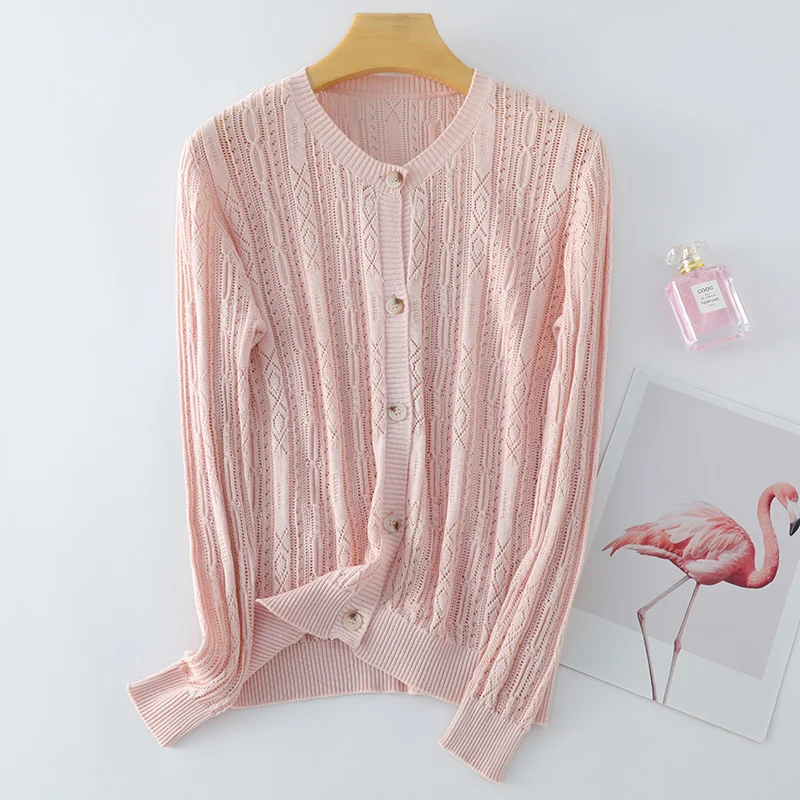 ZOCEPT Women Spring Summer Thin Sweater O-Neck Pure Cotton Knitted Cardigan Fashion Hollow Out Long Sleeve Loose tops