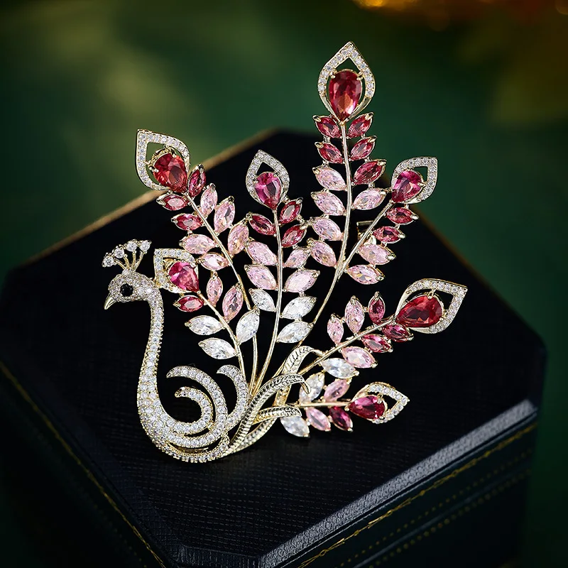 OKILY High-end Luxury Colored Zircon Peacock Open Screen Brooch Delicate Animal Corsage for Woman and Man Clothings Xmas Broche