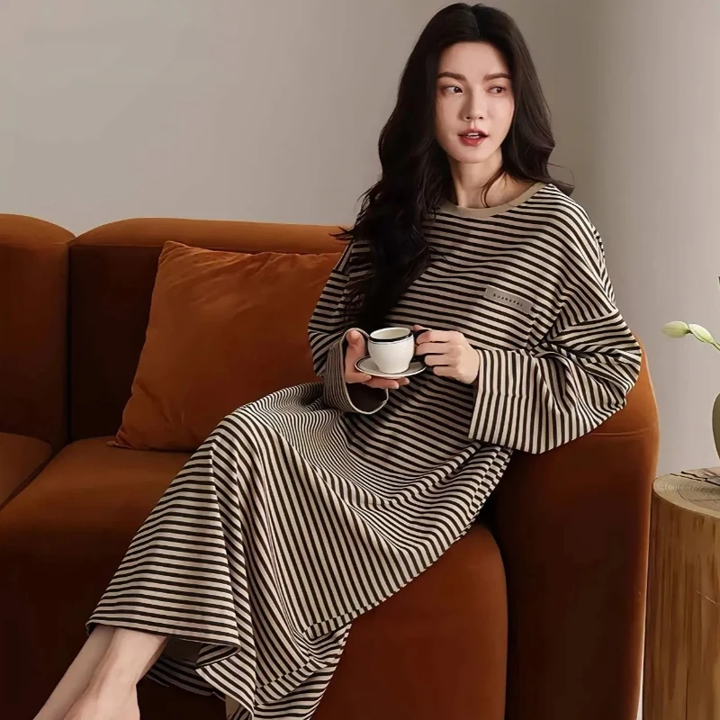 Women Striped Cotton Nightgown Loose Long Sleeve Night Dress Autumn Winter Casual Wearable Home Loungewear S-4XL