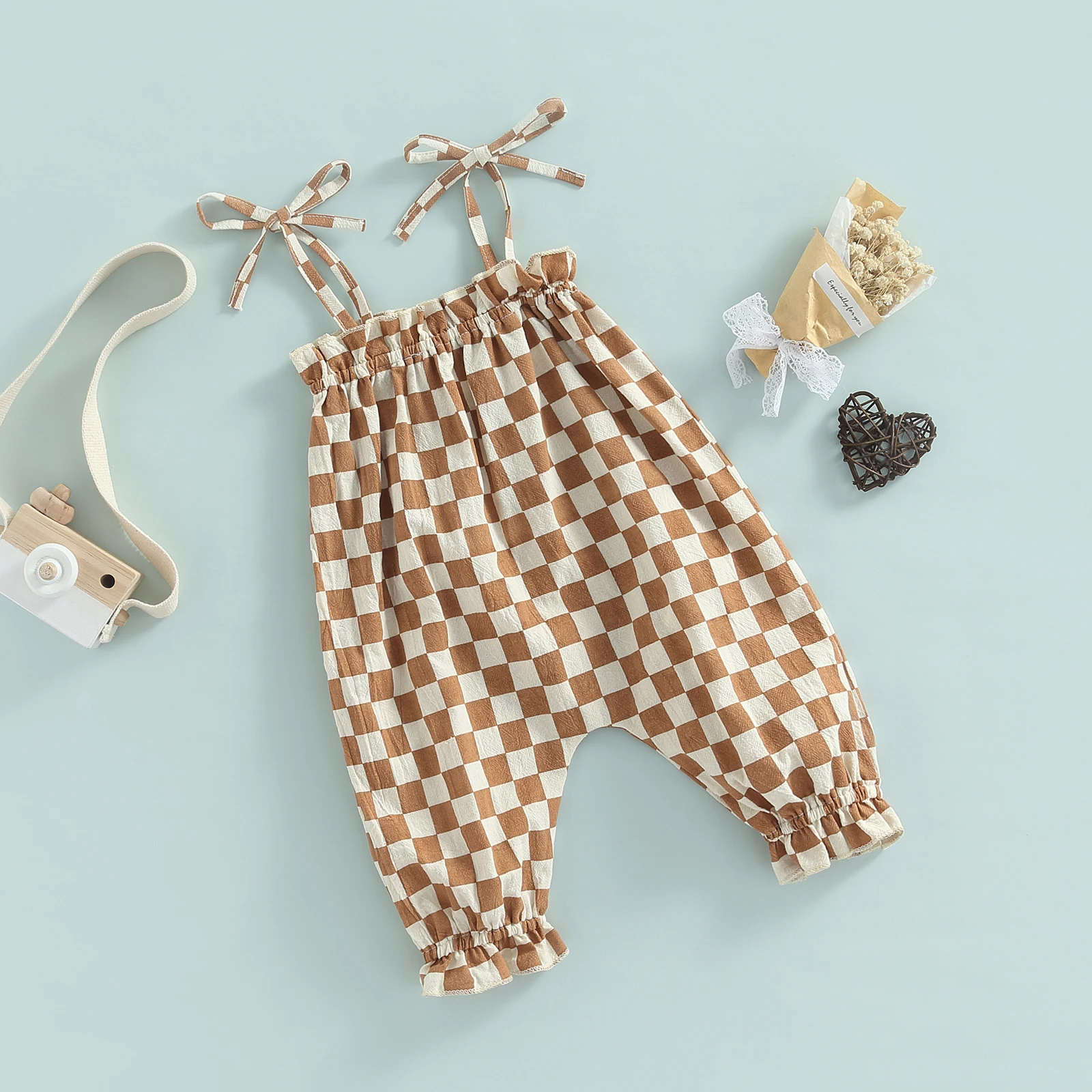 2022-06-01 Lioraitiin Baby Girls Casual Jumpsuit Brown Plaid Pattern Sleeveless Tie-up Strap Romper Summer Clothing