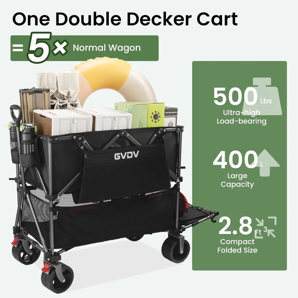 All-Terrain Double Decker Wagon with 500 LB Capacity and 400L Collapsible Carts, 46-Inch Extendable Cart with Nylon for Outdoor