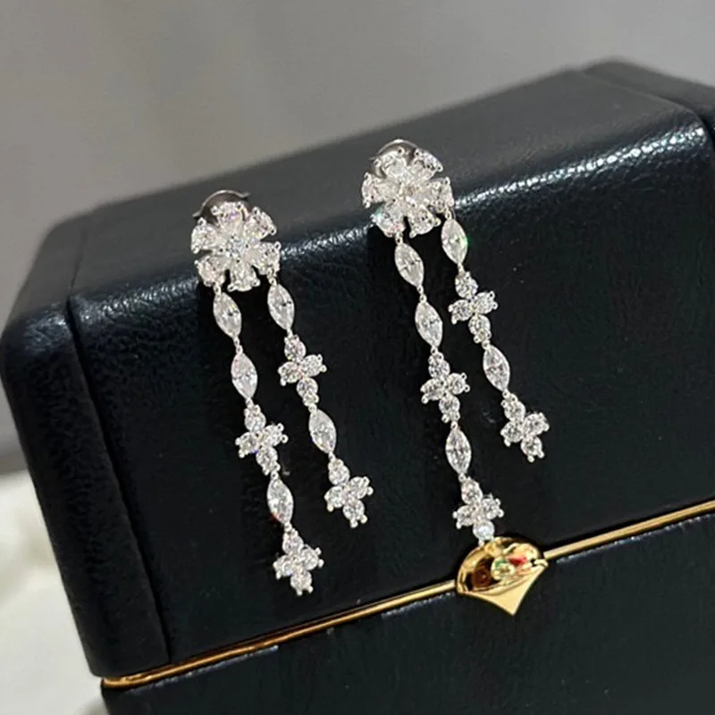 S925Silver Carbon Diamond Imported Jewelry Craft Flower Petal Fringed Niche High Sense Sweet Earrings