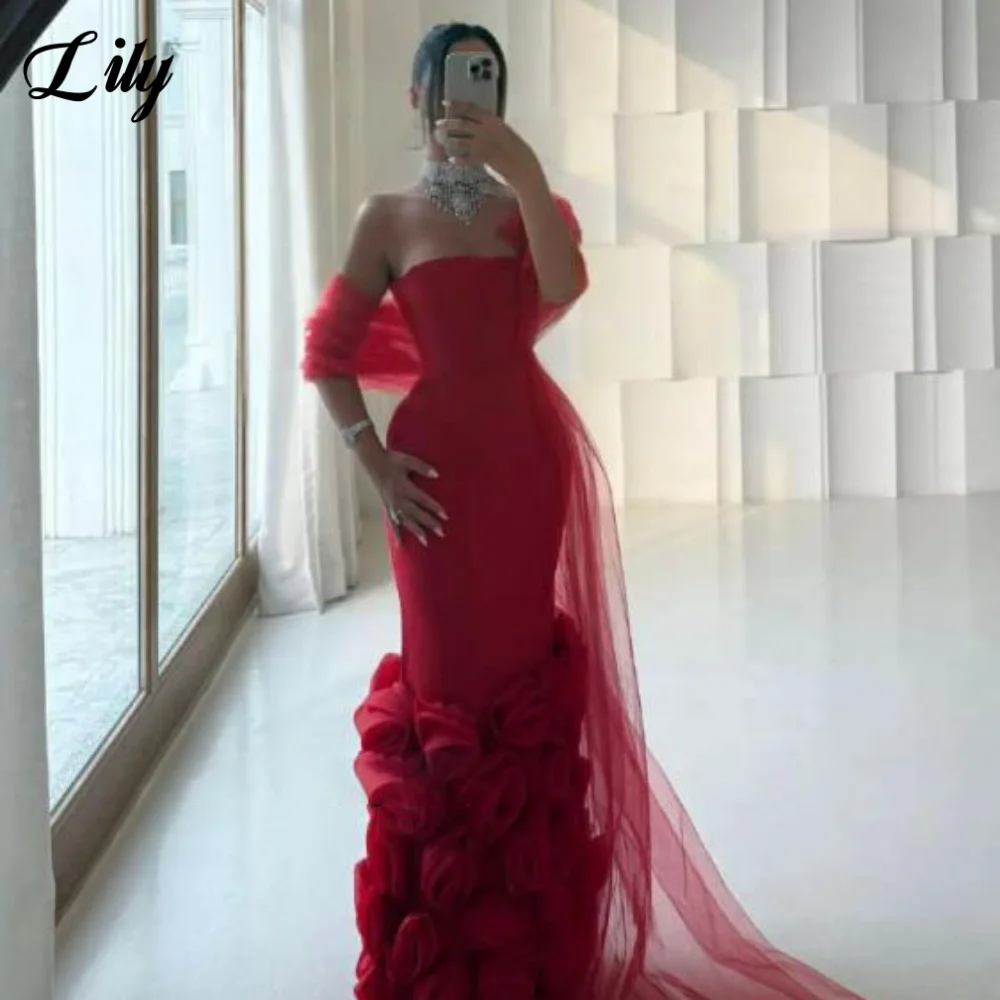 Lelie rode avondjurk trompet galajurk bloemen off-the-shoulder bruiloft avondjurk met 3D bloem robes de soirée op maat