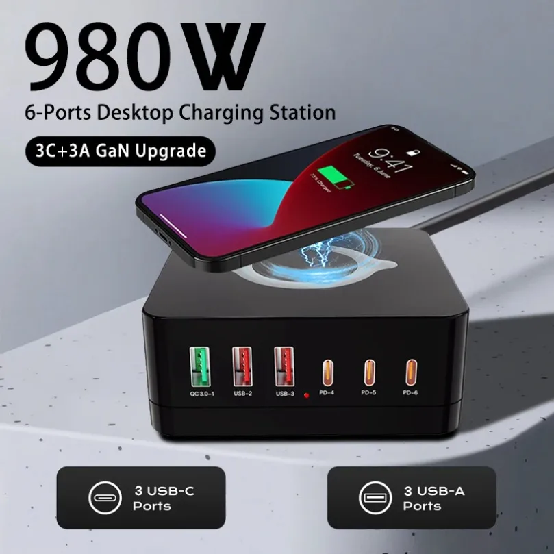 

980W USB C GaN Charger Wireless Charge 260W PD3.0 PPS QC3.0 Fast Charging Station For Laptop iPhone 15 16 Samsung Macbook Tablet