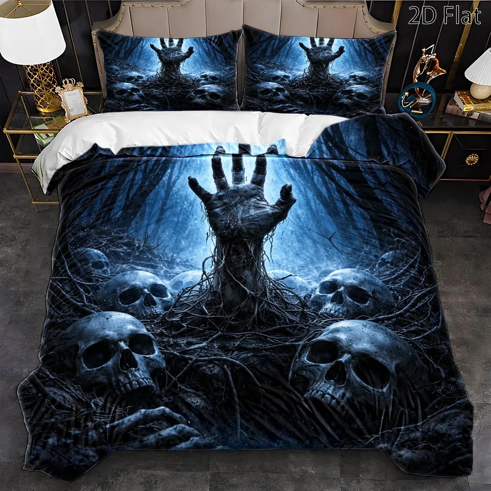 3Pc Horror Skull Zombie Hand Theme Duvet Cover Set, Three-Piece Bedding Set (1*Duvet Cover + 2*Pillowcases), Suitable for All Seasons, Machine Washable, Invisible Zipper Design, Large Double Bed Cover Set, Suitable for Home, Dormitory, Master Bedroom, Guest Room, Dark Style Horror Decorative Bedding, Bedroom Bedding Set, Retro Gothic Style Sleep Bedding, Durable and Skin-Friendly Bedding Set, Nuvia Home a Nuvi