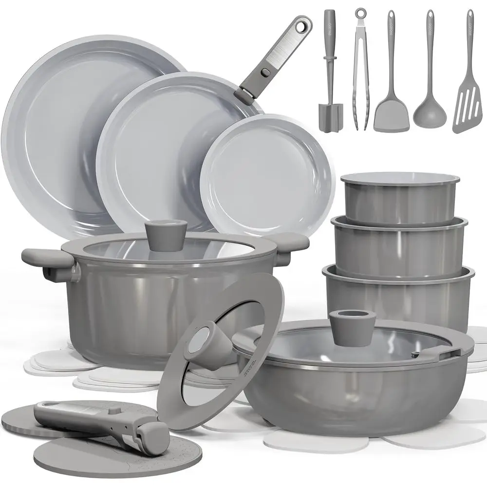 

Ceramic Cookware Set Nonstick, Pots and Pans Set Non Stick, Non Toxic Cookware Detachable Handles, Dishwasher/Oven Safe, RV/Camp