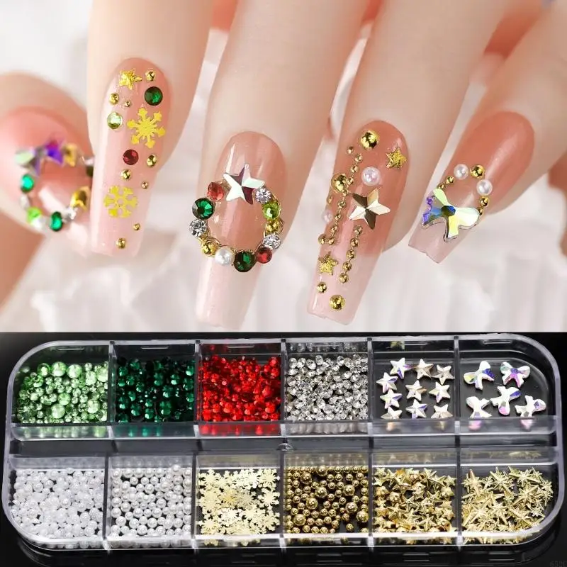652C 3D Nail Art Rhinestones Nail Gems Snowflake Nail Slice Pearl Crystal Nail Art Decorations Metal Nail Art Studs Stickers
