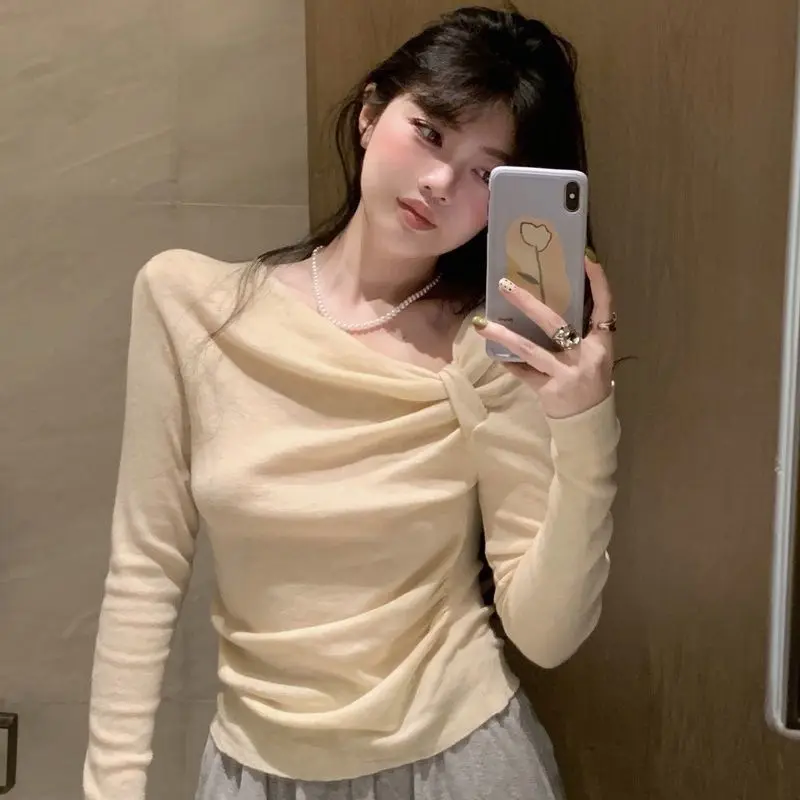 American Korean Fashion Spring New Item Pleated Irregular Design Knitted Shirt Long Sleeved Slim Fit Top