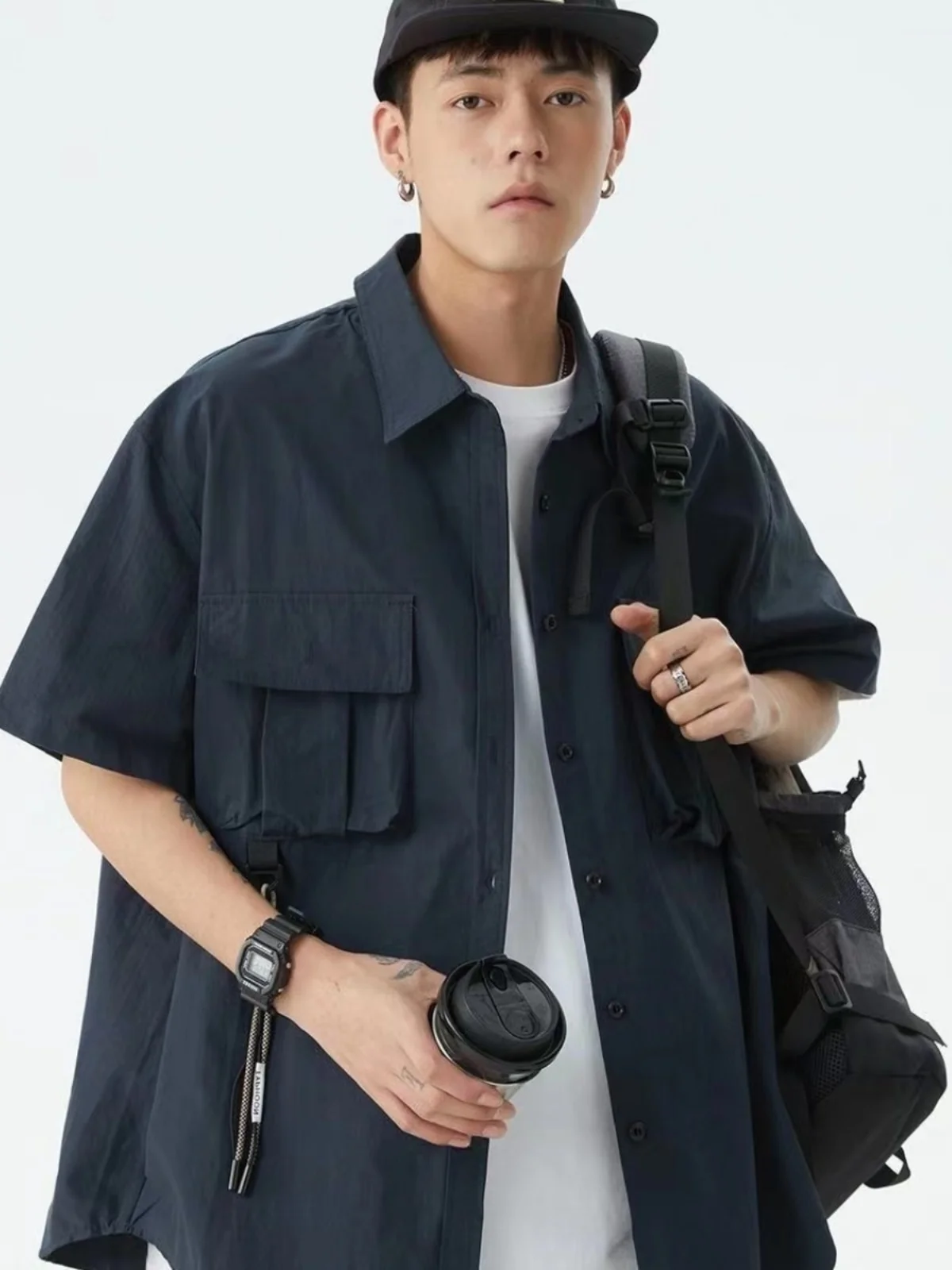 Retro Japanese Style Men's Short Sleeve Workwear Shirt Lightweight Summer Outdoor Casual Versatile Loose Fit Polyester Fiber
