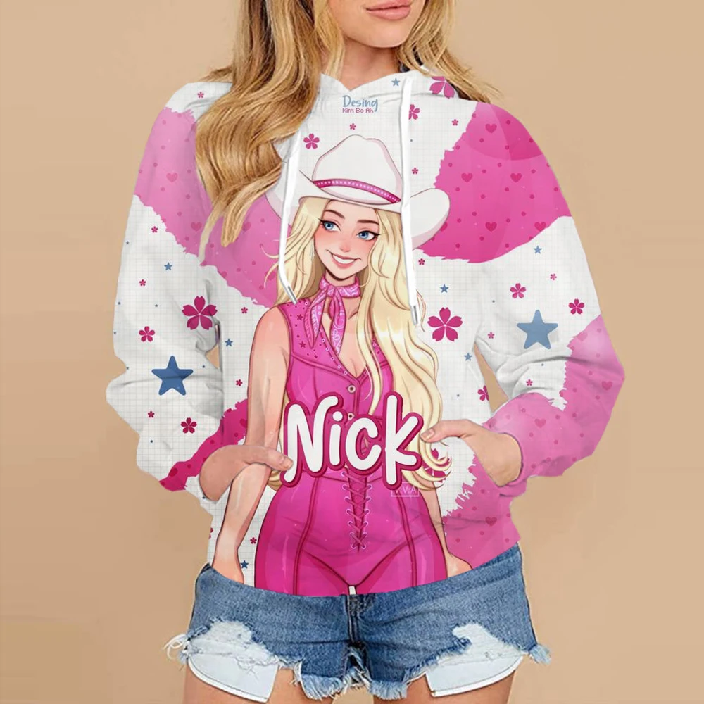 Women's Barbie Princess Printed Sports Hoodie Round Neck Fashionable Street Leisure Jogging Women's Top Clothing S-3XL