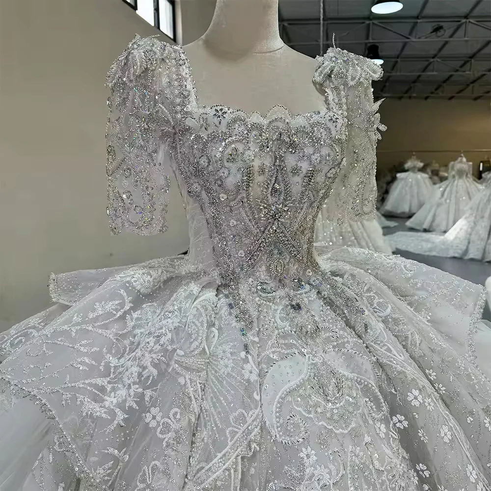 Vestido De Novias media manga cuello cuadrado rebordear Vestido De novia De cristal Vestido De baile Vestido De novia largo De encaje