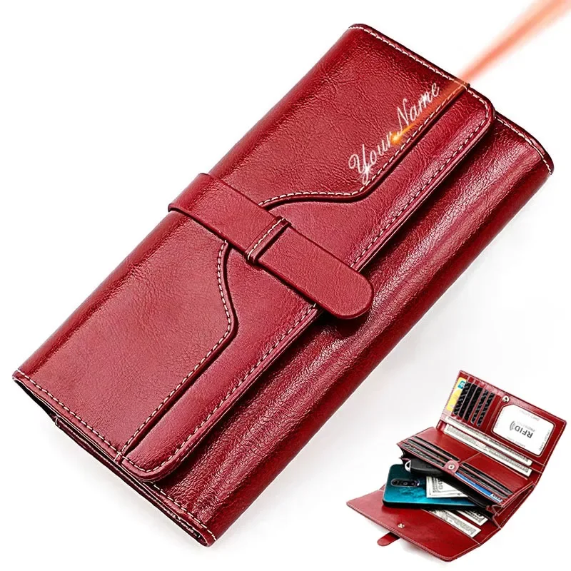 Custom Name Card Holder Wallet Personalized Gift for Her Genuine Leather Women Long Wallet Phone Bag Coin Pocket Zipper Purse