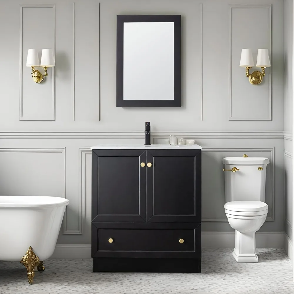 

30 Bathroom Vanity Cabinet Sink Combo Set with Kitchen Base Design, Painted Solid Wood Construction Cabinet with Single Ceramic
