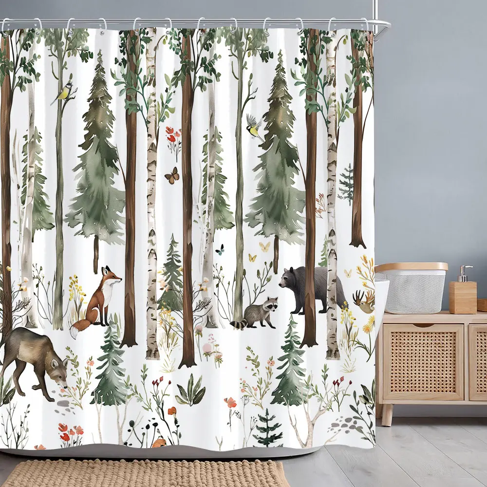 Forest Animals Watercolour Shower Curtain Deer Bear Fox Squirrel Flower Polyester Fabric Bath Curtains Bathroom Decor With Hooks