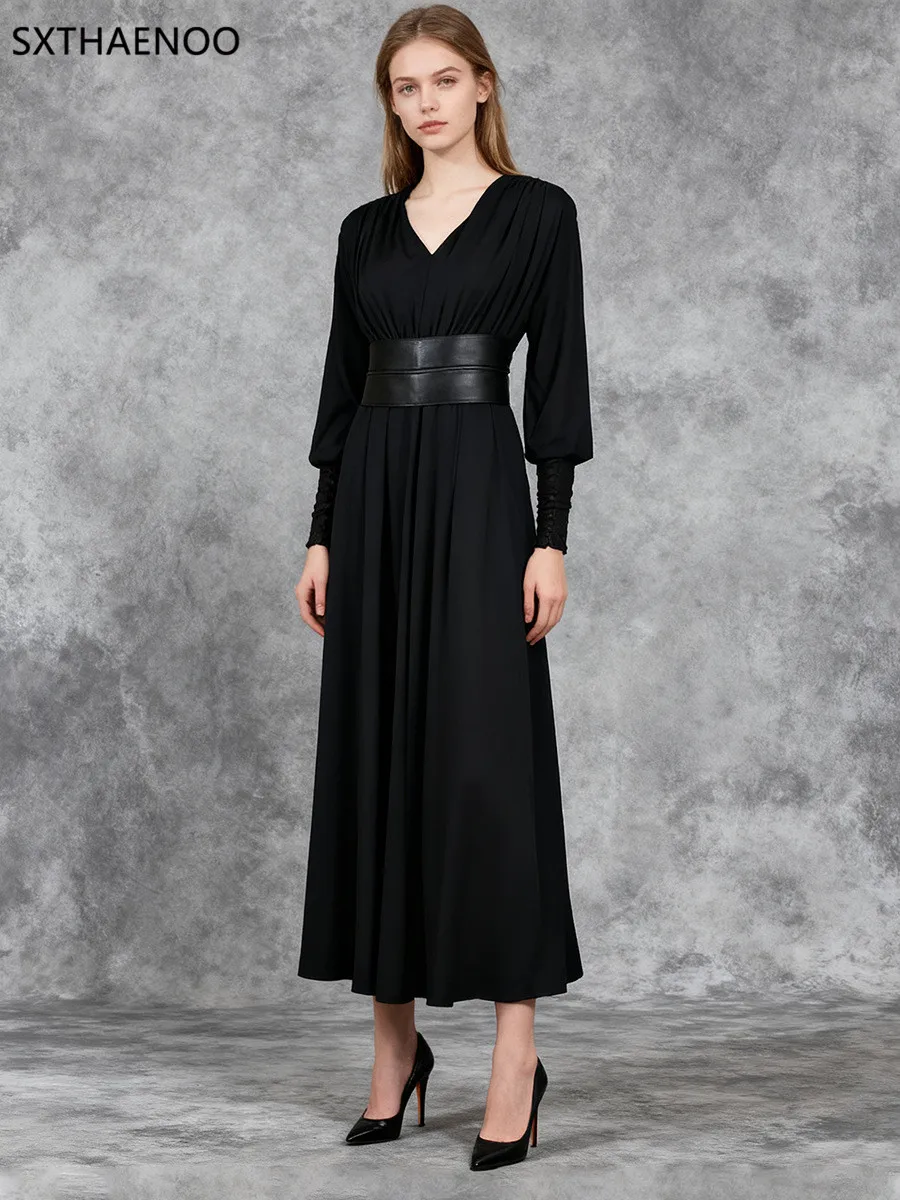 

SXTHAENOO Solid Slimming Spliced Bead Elegant Dresses Women Round Neck Long Sleeves Patchwork Ribbon Fashion Dress Female 2026