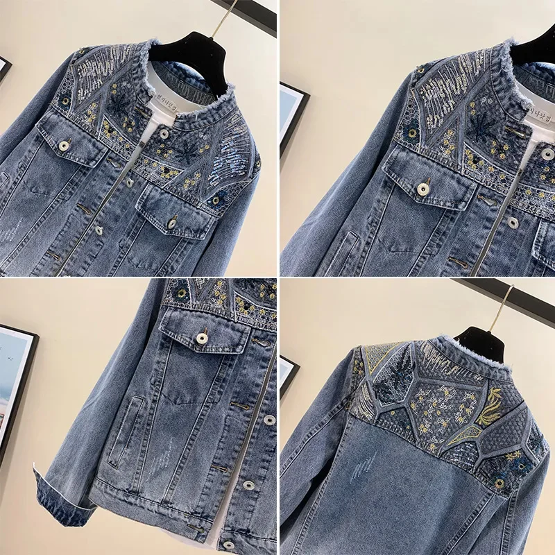 Women Dingzhu Sequin Denim Jacket 2025 New Korean Loose Fashionable Embroidered Cowboy Coat Female Spring And Autumn Denim Jacke - Image 4