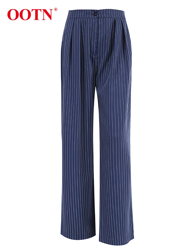 OOTN Navy Stripe Baggy Pants Women Casual High Waist Trousers Fashion 2024 Office Ladies Floor-Length Pant Pleated Spring Summer