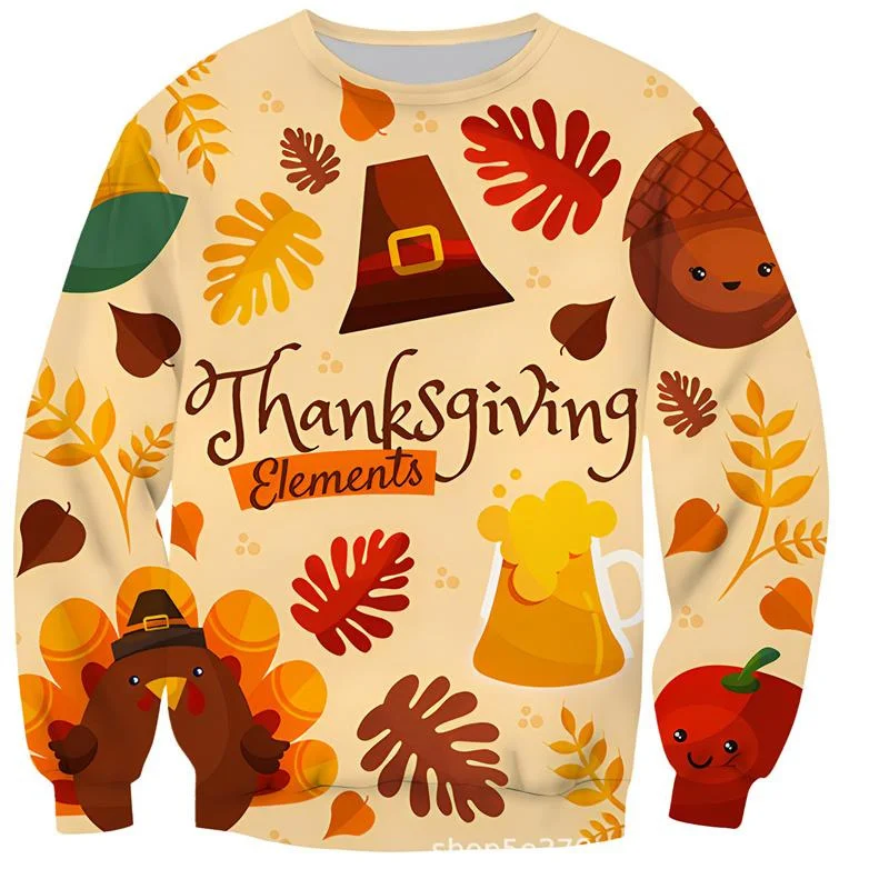 

3D Printed Thanksgiving Sweatshirt For Men Pumpkin Turkey Pattern Hoodie Autumn Loose Street Round Neck Pullovers Long Sleeves