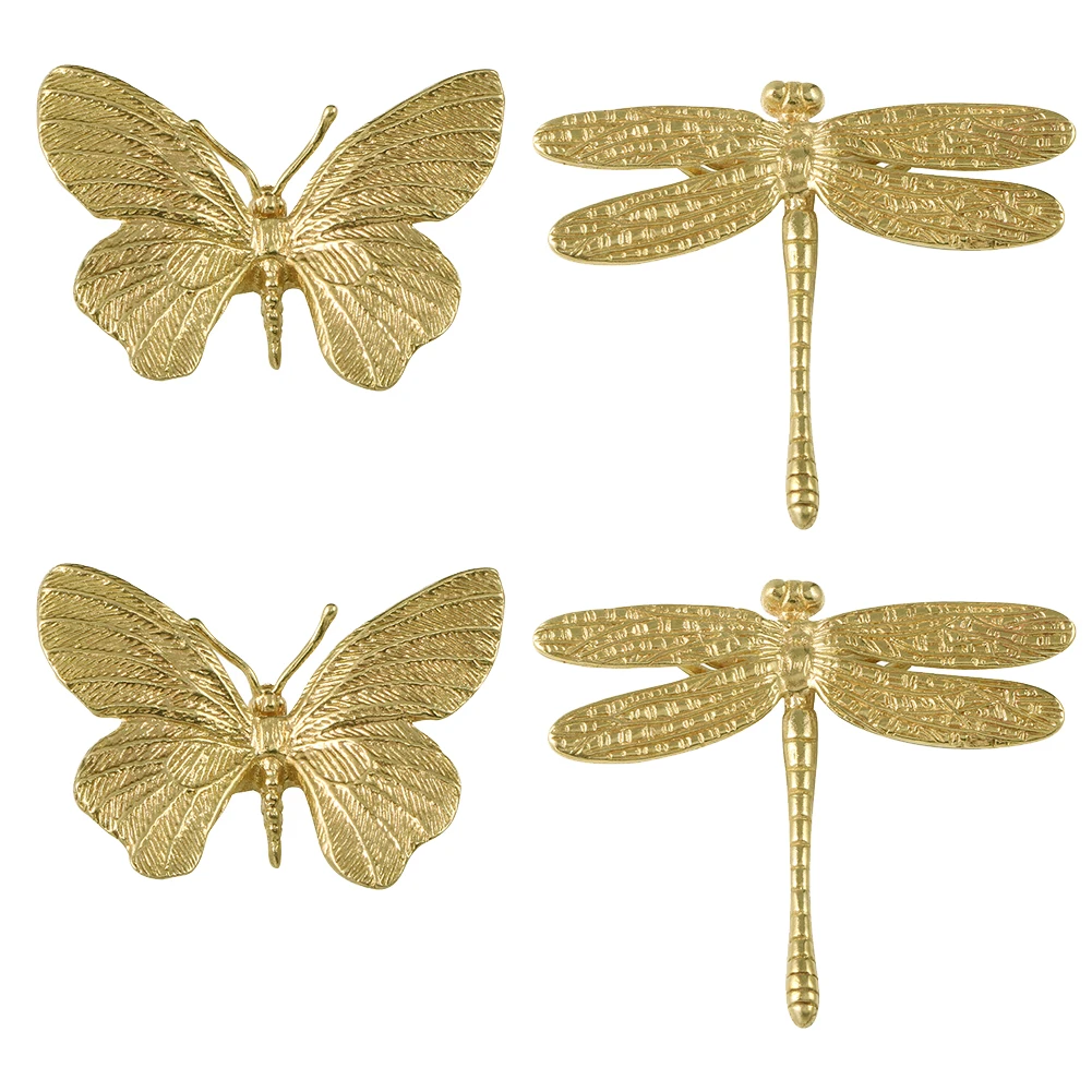 2Pcs Brass Handle Drawer Cabinet Dreeser Pull Knob Creative Gold Dragonfly Butterfly Shape Kit Furniture Accessory For Home