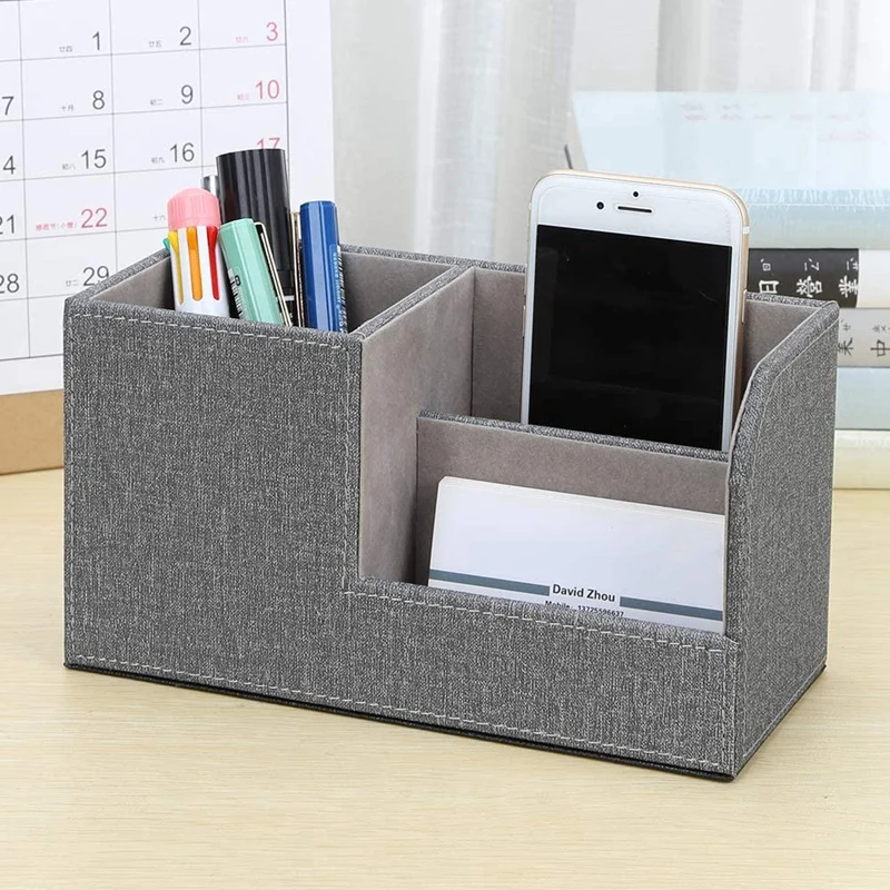 PU Leather Multi-Function Desk Stationery Organizer Storage Box Pen/Pencil, Business Cards Remote Control Holder (Grey)