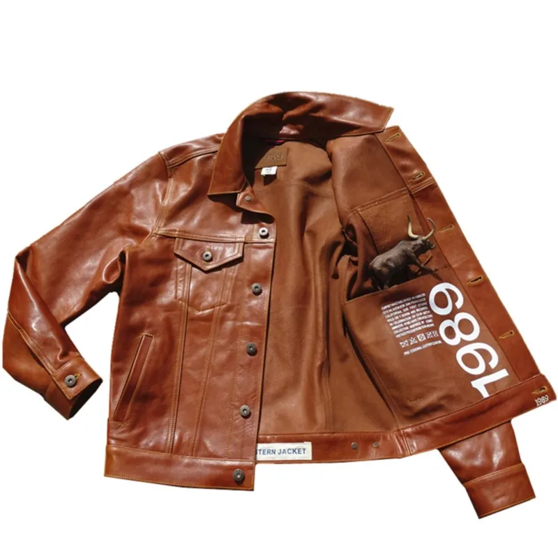 A washed hand-aged full-grain cowhide coat without lining  leather