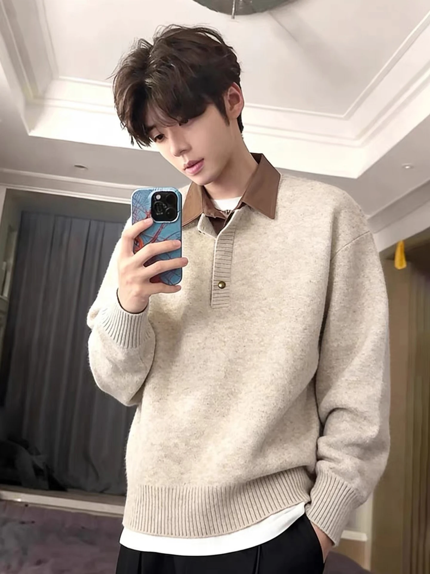 

Khaki Thiened Knitted Sweater for Men Casual Sle Turn-down Collar Fake Two-Piece Winter Outerwear Soft Comfortable Polyester