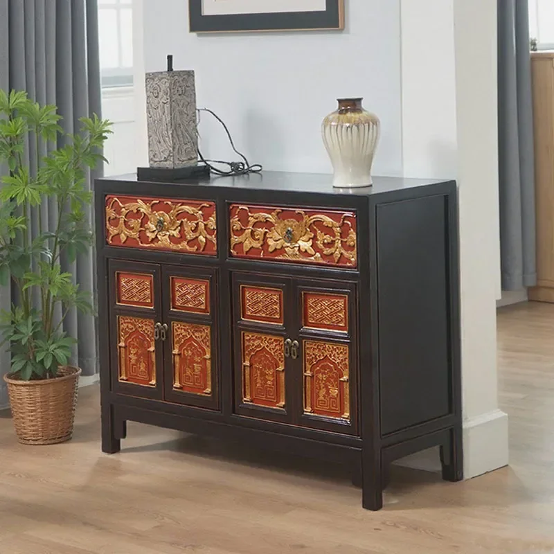 New Chinese Style Solid Wood Dining Side Cabinet Retro Storage Locker Decorative Tea Cabinet Living Room Shoe Cabinet